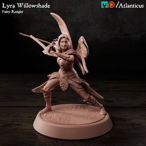 May include: A detailed, tan-colored figurine of Lyra Willowshade, a Fairy Ranger, in a dynamic pose. She is holding a bow and arrow, with large, detailed wings. The figurine is on a circular base, with the text "Lyra Willowshade Fairy Ranger".