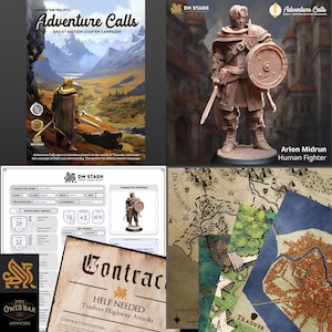 May include: A collection of items related to a D&D 5th Edition starter campaign. Includes a campaign guide with the text "Adventure Calls", a miniature figure of a human fighter, character sheets, a map, and a contract.