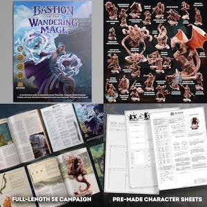 May include: A tabletop role-playing game set. The image shows a game manual titled "Bastion of the Wandering Mage", miniature figurines, and character sheets. The manual cover features a wizard with blue energy. The miniatures are of various fantasy creatures.