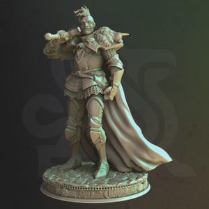 May include: A detailed figurine of a knight in full armor, holding a sword. The knight has a lion's mane shoulder piece and a flowing cape. The figure is standing on a decorative base, showcasing intricate details.