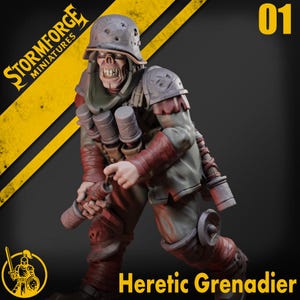 May include: A detailed miniature figure of a Heretic Grenadier, posed in a dynamic stance. The figure is clad in a weathered helmet, armor, and red and green clothing. The figure is holding a grenade launcher. The text "Stormforge Miniatures" and "Heretic Grenadier" are visible.