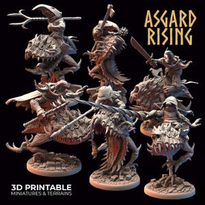 May include: A collection of 3D-printed miniature figures and terrain pieces. The figures are detailed with a fantasy theme, featuring warriors and creatures with weapons. The text "Asgard Rising" and "3D Printable Miniatures & Terrains" are visible.