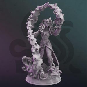 May include: A detailed, gray figurine of a female warrior holding a swirling cloud-like formation. The warrior is clad in ornate armor and stands atop a base with wave-like details. The figure is a fantasy-themed sculpture.