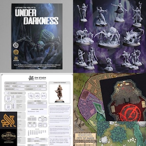 May include: A collection of tabletop gaming accessories, including a rulebook titled "Under Darkness," miniature figurines, character sheets, and a city map. The rulebook cover features a large spider and the text "Under Darkness."