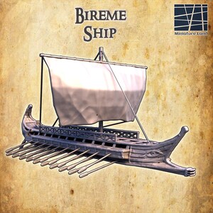 May include: A detailed model of a bireme ship, featuring a white sail, numerous oars, and intricate wooden detailing. The text "BIREME SHIP" is displayed above the ship. The background is a textured, parchment-like color.
