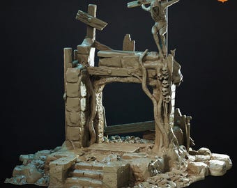 Puede incluir: Un diorama en miniatura de color tostado que presenta una entrada de arco de piedra con un conjunto de escaleras que conducen a ella. Una figura encapuchada está montada en una estructura de cruz de madera sobre el arco, decorada con calaveras.