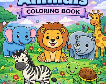 May include: A colorful coloring book cover featuring the title "Cute Animals" in large, playful letters. The cover showcases cartoon animals like a lion, elephant, zebra, and giraffe. Text at the top reads "62 FUN COLORING PAGES!" and "BIG KIDS COLORING BOOK FOR KIDS & TODDLERS".