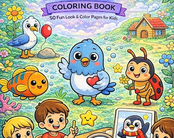 May include: A colorful children's coloring book titled "Look & Color!" featuring cartoon animals and kids coloring. The cover includes a toucan, squirrel, bird, fish, ladybug, and children drawing. The book promises 50 unique coloring pages.