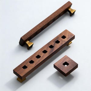 Walnut Wood Brass Cabinet Pull, Modern Rustic Drawer Handle