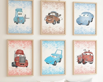 Cars Movie Watercolor Prints, Lightning McQueen Wall Art, Mater Poster, Boys Nursery Decor, Kids Room Decoration, Digital Download Set