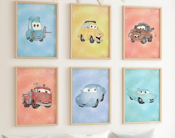 Cars Wall Art Set, Lightning McQueen Mater Print, Watercolor Nursery Decor, Boys Room Poster, Transportation Theme, Digital Download