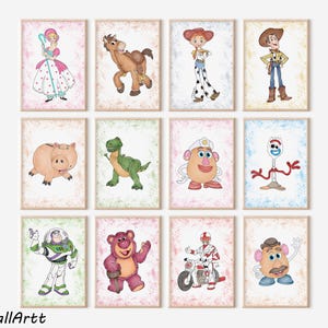 May include: Twelve framed art prints showcasing Toy Story characters. The illustrations include Woody, Buzz Lightyear, Jessie, and others, set against a textured background with a vintage aesthetic. Each print is in a wooden frame.
