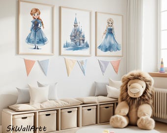 Frozen Watercolor Wall Art, Elsa Anna Princess Castle, Girls Nursery Decor, Frozen Princess Art, Frozen Poster, Elsa Wall Art, Anna Wall Art