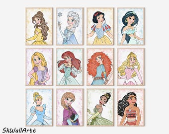 Watercolor Princess Wall Art Set, Digital Nursery Decor, Printable Girls Room Poster, Kids Bedroom Gallery, Baby Shower Gift