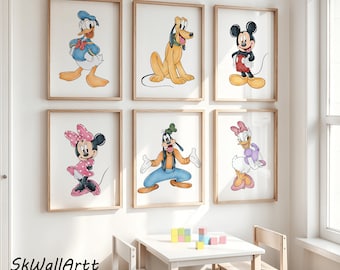 Mickey Friends Watercolor Wall Art, Nursery Wall Art, Kids Room Poster, Minnie Mouse Wall Art, Playroom Wall Art, Mickey Bedroom Poster