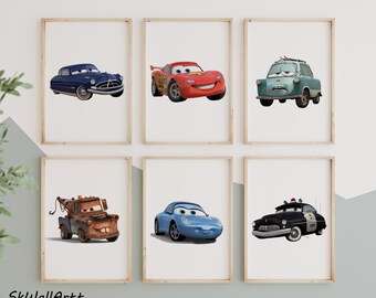 Cars Watercolor Wall Art, Lightning McQueen Mater, Race Car Nursery Decor, Boys Room Poster, Printable Set, Digital Download