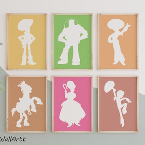 Toy Story Silhuettkonst, Woody Buzz Jessie-tryck, Minimalistisk barnrumsinredning, Barnrumsgalleri, Modern tecknad affisch, Digital nedladdning