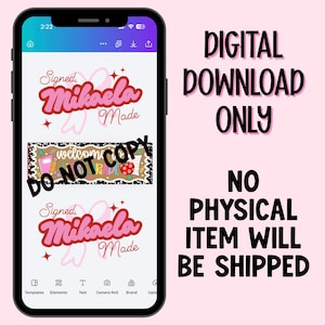 May include: A smartphone screen displaying digital graphic designs with the text Signed, Mikaela Made and a banner reading welcome to grade with school supplies. The text DIGITAL DOWNLOAD ONLY NO PHYSICAL ITEM WILL BE SHIPPED is visible.