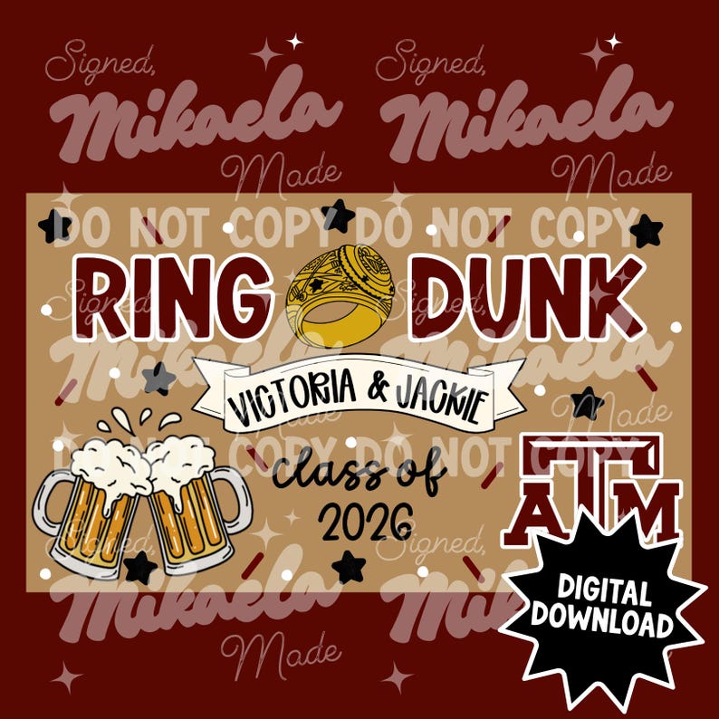 Puede incluir: Dise&ntilde;o de descarga digital con las palabras "Ring Dunk" y una ilustraci&oacute;n de un anillo dorado. Presenta el texto "Victoria & Jackie", "Class of 2026" y dos jarras de cerveza. Incluye el texto "Descarga digital".