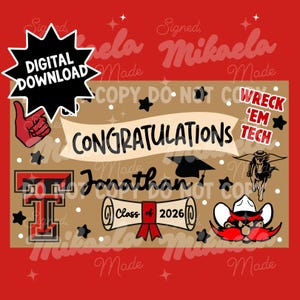 May include: A digital download graduation design with a red and black color scheme. The design includes the text "Congratulations Jonathan", a graduation cap, a diploma, and the text "Class of 2026".