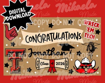 Plantilla de pancarta de graduación de Texas Tech / Decoración para fiesta de graduación (Descarga digital)