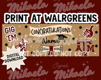 Modello per striscione di laurea della Texas A&M / Stampa 2x6 Walgreens / Decorazioni per feste di laurea (Download digitale)