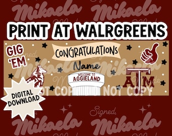 Plantilla de pancarta de aceptación de Texas A&M / Impresión Walgreens de 2x6 / Decoración para fiesta de graduación (Descarga digital)