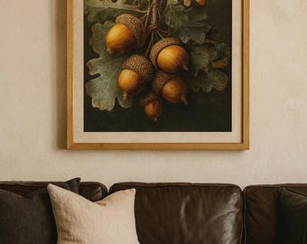 Impressão botânica rústica de bolota | Arte de parede com tema de bosque | Decoração para casa de campo | Ilustração de folha de carvalho | Download digital com tema de outono aconchegante