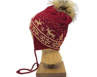 Child's Earflap Knit Hat Pattern, Reindeer Fair Isle Design (PDF Download), Machine Knitting