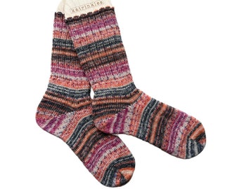 One of a Kind Socks Women, Handmade Striped Merino Wool Socks with Ribbed Edge, Hand Knit Socks, Soft Socks for Women, One of a Kind Gift