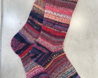 Hand-Knitted Merino Wool Socks, Scrappy Pattern, Size Large