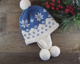 Adult Earflap Hat Knitting Pattern, Snowflake Fair Isle Beanie (PDF Download)