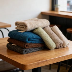 May include: A stack of folded knitwear in various colors, including beige, teal, brown, and gray, arranged on a wooden table. The knitwear appears soft and textured, suggesting a cozy, warm material. The scene is lit with natural light, creating a warm and inviting atmosphere.