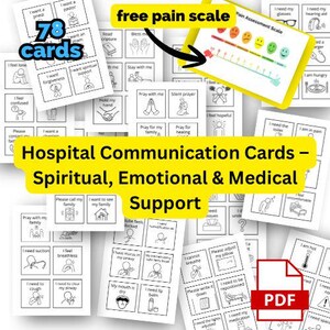 May include: A collection of 78 hospital communication cards for spiritual, emotional, and medical support. The cards are white with black illustrations and text. A pain assessment scale and a PDF icon are also visible.