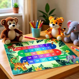 以下が含まれることがあります： 数字と動物のイラストが描かれたカラフルな子供向けボードゲーム。猿、トラ、ゾウのぬいぐるみで囲まれています。色鉛筆の入ったカップが木製のテーブルに置かれています。ゲームボードには「START」と「FINISH」の文字があります。