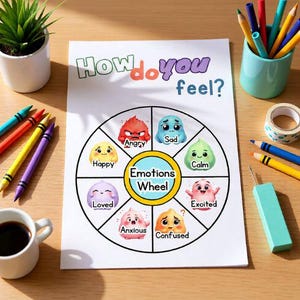 May include: A white paper with the text "How do you feel?" and an "Emotions Wheel" graphic. The wheel features cartoon faces representing emotions like happy, sad, and angry. Crayons, pencils, and a cup of coffee surround the paper.