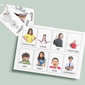 Könnte beinhalten: Ein Satz Karteikarten mit Illustrationen von Kindern, die verschiedene Emotionen ausdrücken. Die Karten enthalten Wörter wie "Frustriert", "Ruhig", "OK", "Verwirrt", "Schüchtern", "Verletzt", "Schmerz" und "Selbstbewusst". Eine kleine Karte mit einer Toilettengrafik ist angebracht.