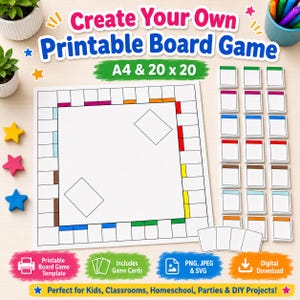 Op de afbeelding: Een printbaar bordspel-sjabloon met een vierkant raster met gekleurde vakjes, lege spelkaarten en de tekst Create Your Own Printable Board Game A4 & 20 x 20. De set bevat digitale bestanden in PNG-, JPEG- en SVG-indelingen.
