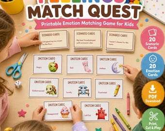 May include: Feelings Match Quest printable emotion matching game for kids featuring 20 scenario cards and 20 emotion cards. The cards display illustrations of objects like an apple, sock, moon, turtle, and cupcake with corresponding emotion labels.