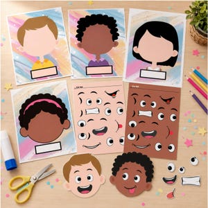 May include: A set of paper craft activity sheets featuring four illustrated character heads with blank faces, two sheets of cut-out facial features, and two completed character heads. The background designs are pastel watercolor patterns.