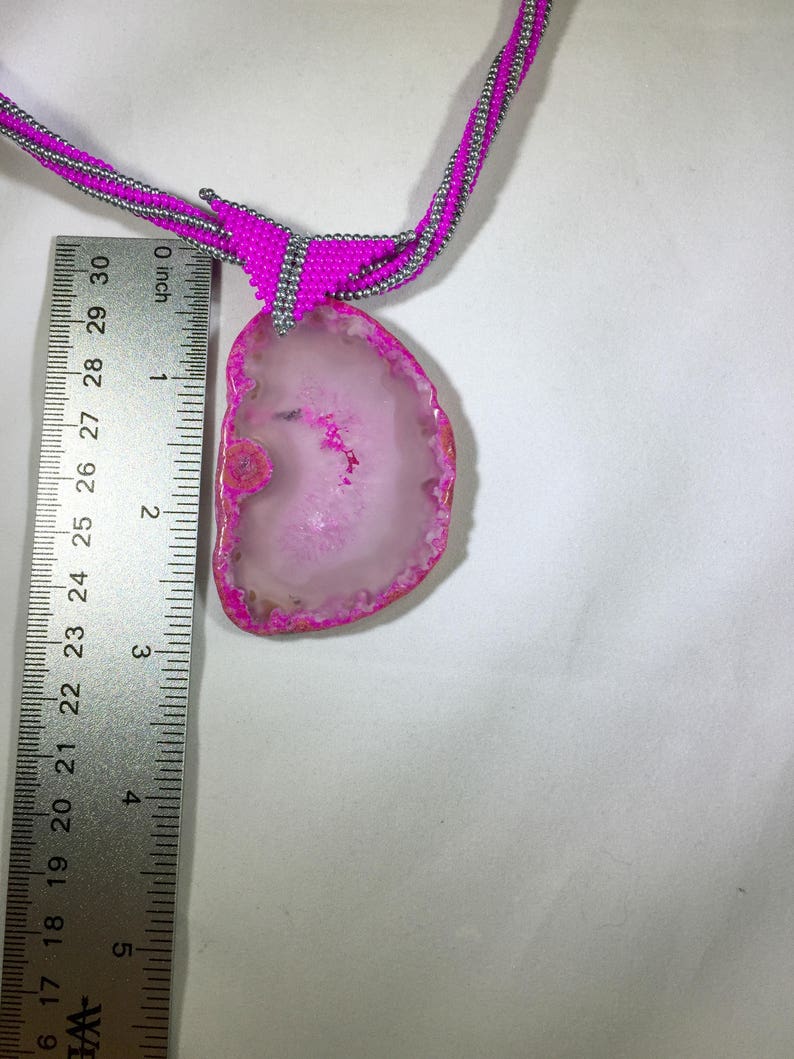 Agate Pendant Necklace Seed Bead Jewlery Statement Necklace Pink Stone Necklace Beaded Necklace Herringbone Stitch Bead Woven Jewelry