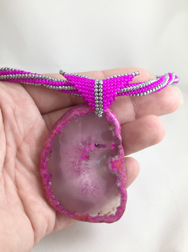 Agate Pendant Necklace Seed Bead Jewlery Statement Necklace Pink Stone Necklace Beaded Necklace Herringbone Stitch Bead Woven Jewelry