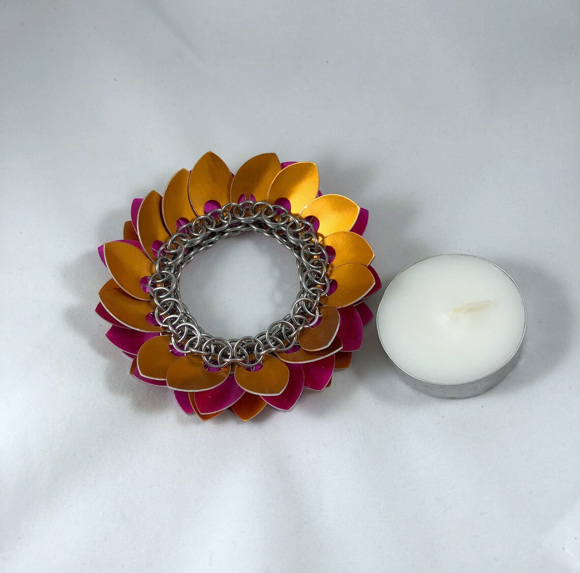 Pink and Orange Lotus Candle Holder Chainmaille Lotus Candle Etsy
