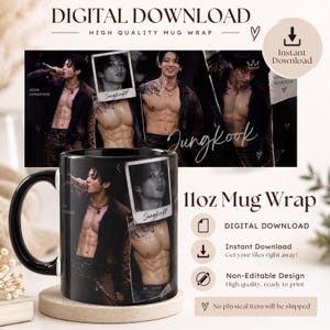 May include: A black ceramic mug featuring a collage of photographic prints of a person with dark hair, tattoos, and an open shirt. The design includes the text "Jeon Jungkook" and "Jungkook" in a script font. The mug is labelled as an 11oz mug wrap.
