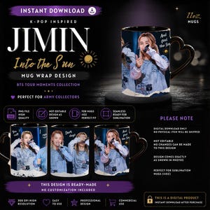 May include: A black ceramic mug featuring a heart-shaped handle and a wrap-around graphic design. The print displays a photographic image of a person performing on stage, accompanied by the text "And find the Sun" and "You call I run".
