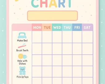 Può includere: Un grafico delle faccende domestiche dai colori pastello con le parole "CHORE CHART" in lettere colorate. Il grafico include illustrazioni per compiti come rifare il letto, lavarsi i denti, aiutare con i piatti e raccogliere i giocattoli. Ha una griglia per tenere traccia dei compiti quotidiani.