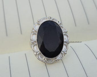 Black Onyx Oval Sterling Silver Statement Ring, Boho Minimalist Band