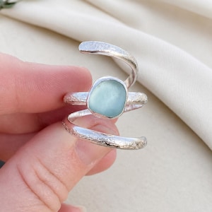 Aquamarine Adjustable Ring, Blue Silver Ring, Handmade Boho Ring, Natural Gemstone Ring, Statement Wrap Ring, Gift for Her