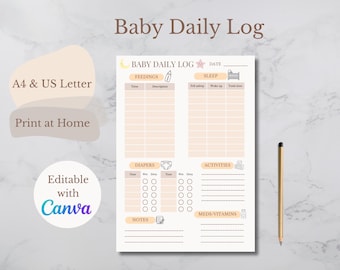 Baby Daily Log Printable, Newborn Feeding & Sleep Tracker, Editable Canva Template, Baby Schedule, Breastfeeding Bottle Diaper Tracker
