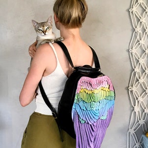 Rainbow leather backpack with angel wings Clearance